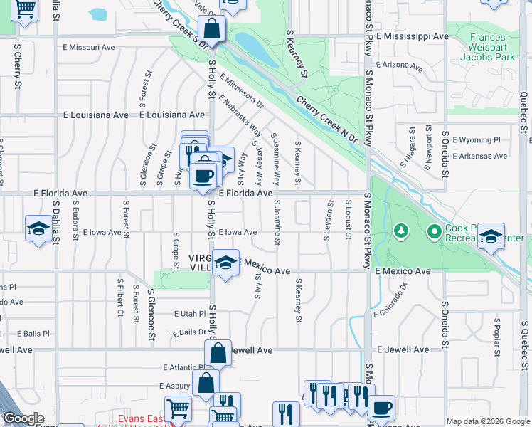 map of restaurants, bars, coffee shops, grocery stores, and more near 1556 South Jersey Street in Denver
