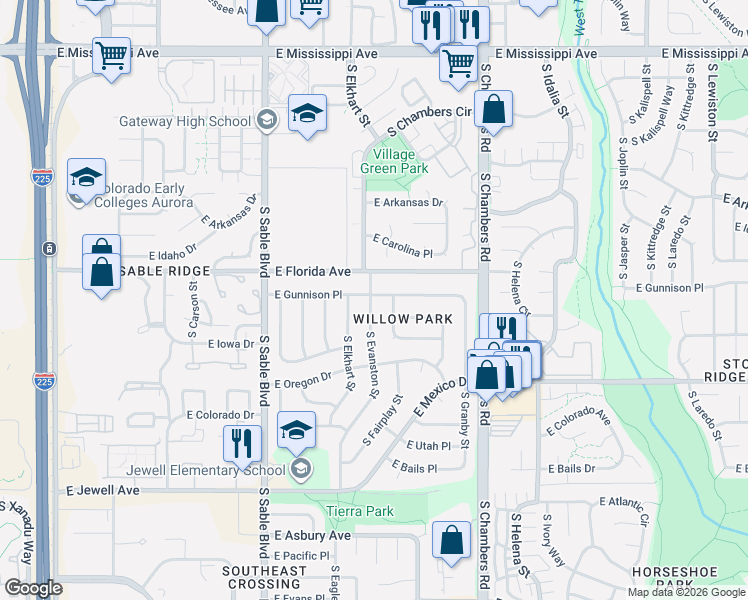 map of restaurants, bars, coffee shops, grocery stores, and more near 1501 South Fairplay Way in Aurora
