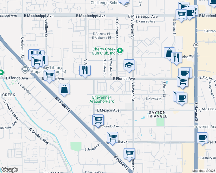 map of restaurants, bars, coffee shops, grocery stores, and more near 9448 East Florida Avenue in Denver