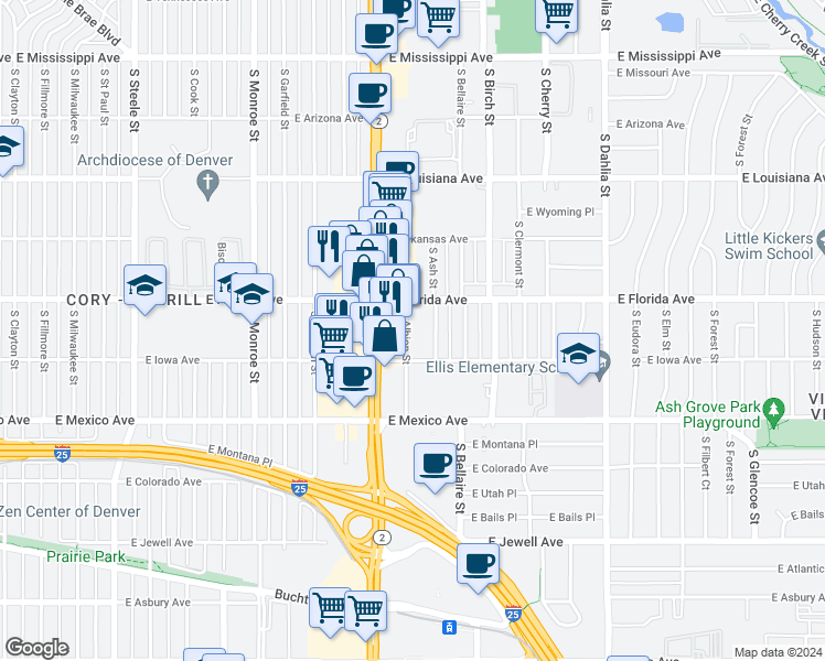 map of restaurants, bars, coffee shops, grocery stores, and more near 1533 South Ash Street in Denver
