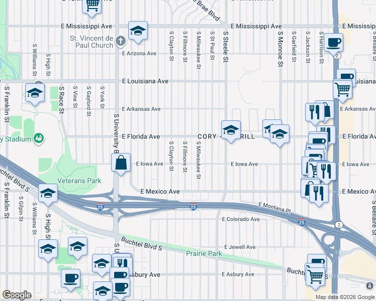map of restaurants, bars, coffee shops, grocery stores, and more near 1544 South Fillmore Street in Denver