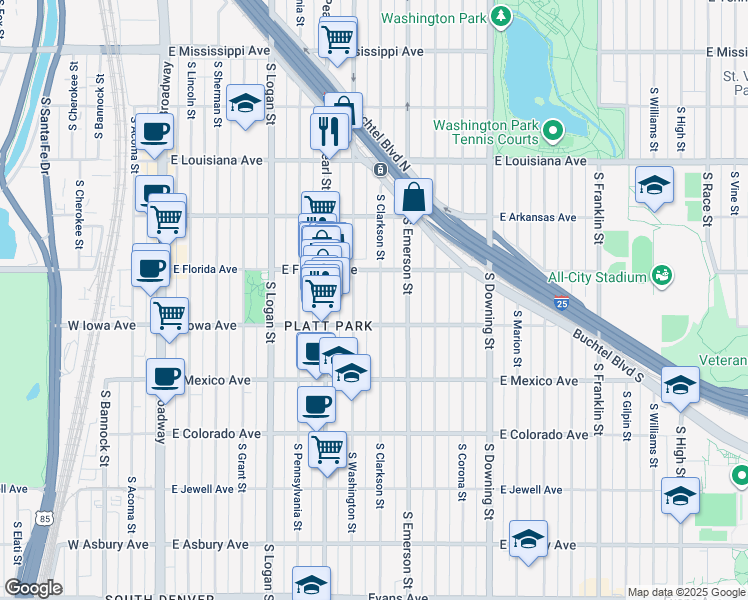 map of restaurants, bars, coffee shops, grocery stores, and more near 1548 South Washington Street in Denver