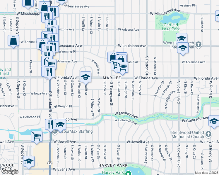 map of restaurants, bars, coffee shops, grocery stores, and more near 1580 South Utica Street in Denver