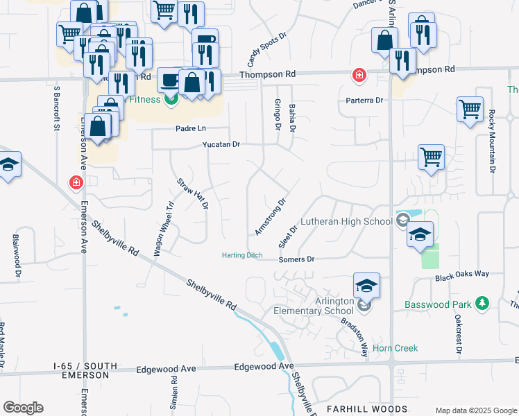 map of restaurants, bars, coffee shops, grocery stores, and more near 5426 Armstrong Court in Indianapolis