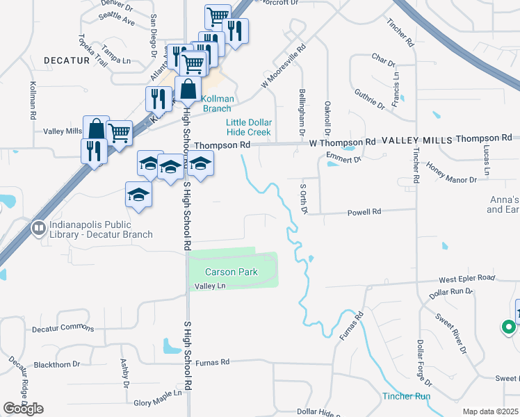 map of restaurants, bars, coffee shops, grocery stores, and more near 6006 Powell Dr in Indianapolis