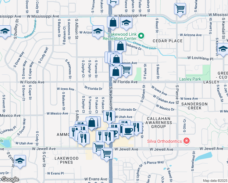 map of restaurants, bars, coffee shops, grocery stores, and more near 1540 South Wadsworth Boulevard in Lakewood