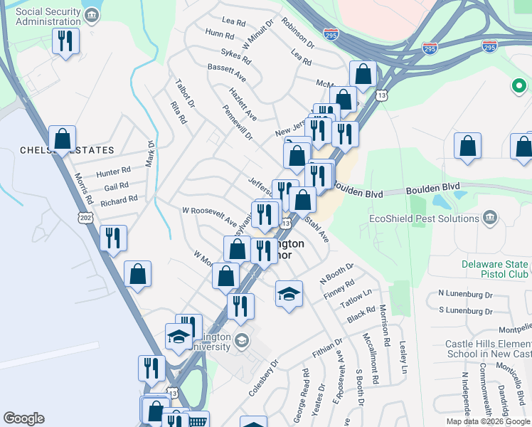 map of restaurants, bars, coffee shops, grocery stores, and more near 113 West Franklin Avenue in New Castle