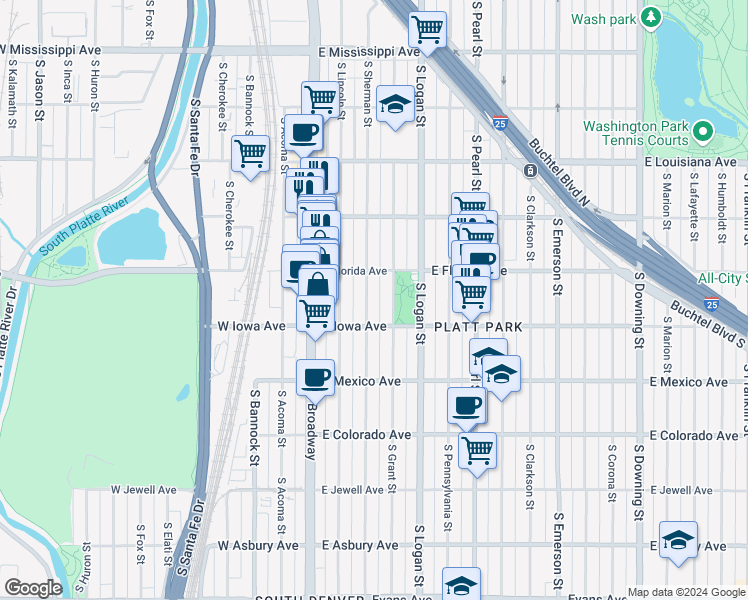 map of restaurants, bars, coffee shops, grocery stores, and more near 1548 South Sherman Street in Denver