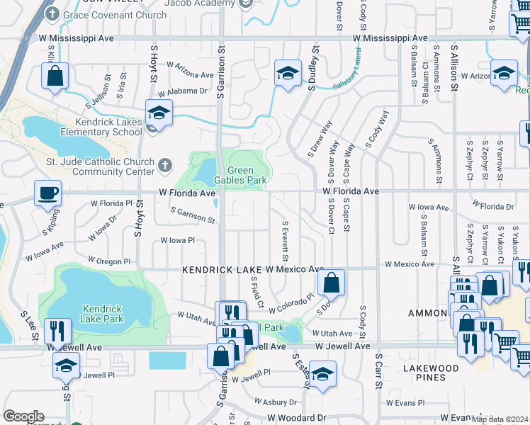 map of restaurants, bars, coffee shops, grocery stores, and more near 1555 South Endicott Street in Lakewood