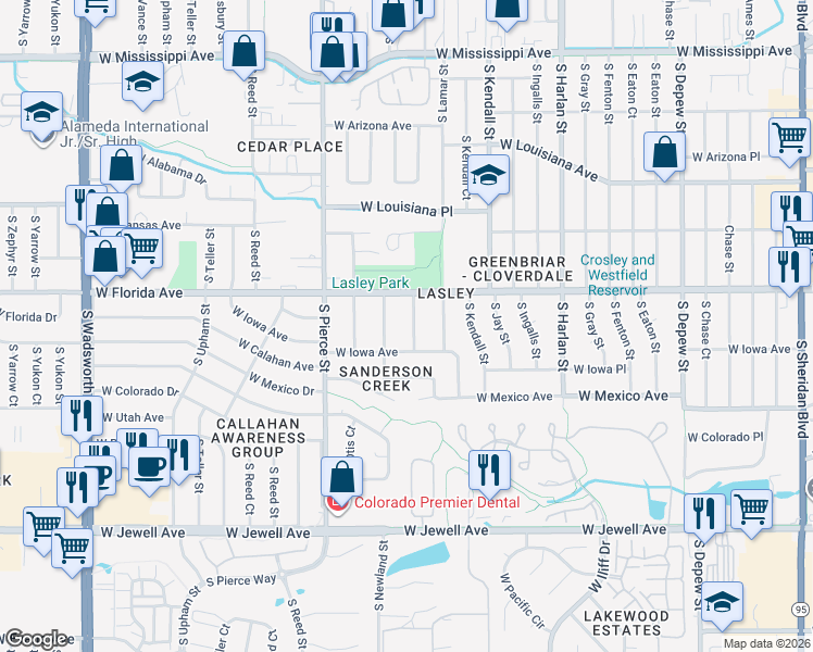 map of restaurants, bars, coffee shops, grocery stores, and more near 1555 South Marshall Street in Lakewood