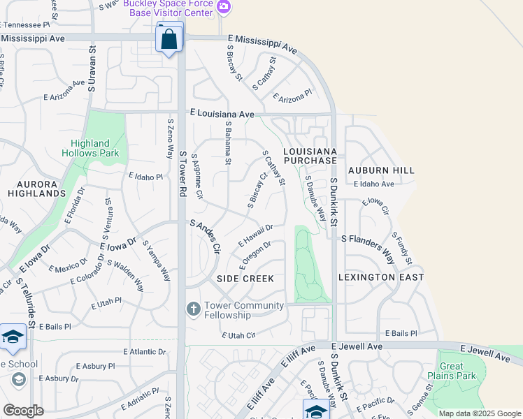 map of restaurants, bars, coffee shops, grocery stores, and more near 1493 South Cathay Way in Aurora