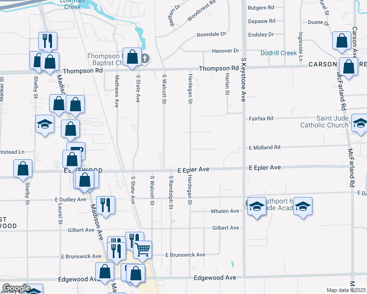 map of restaurants, bars, coffee shops, grocery stores, and more near 5110 Hardegan Street in Indianapolis