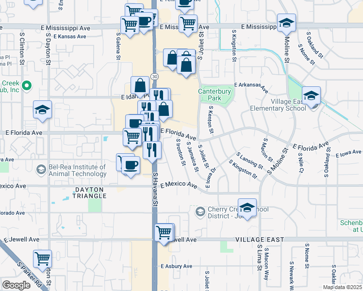 map of restaurants, bars, coffee shops, grocery stores, and more near 1526 South Ironton Street in Aurora