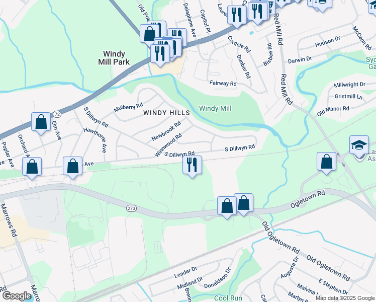 map of restaurants, bars, coffee shops, grocery stores, and more near 220 South Dillwyn Road in Newark