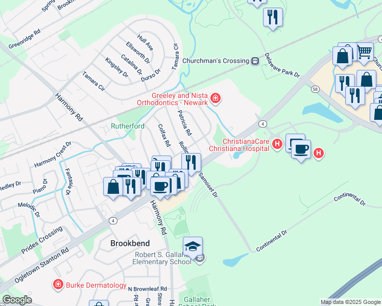 map of restaurants, bars, coffee shops, grocery stores, and more near 7 Rolling Drive in Newark
