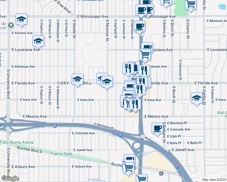 map of restaurants, bars, coffee shops, grocery stores, and more near 1545 South Garfield Street in Denver
