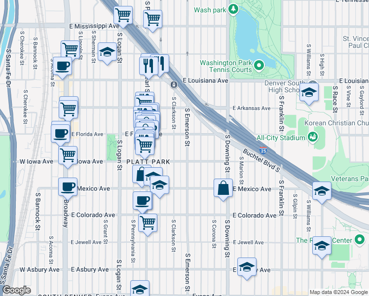 map of restaurants, bars, coffee shops, grocery stores, and more near 1553 South Emerson Street in Denver