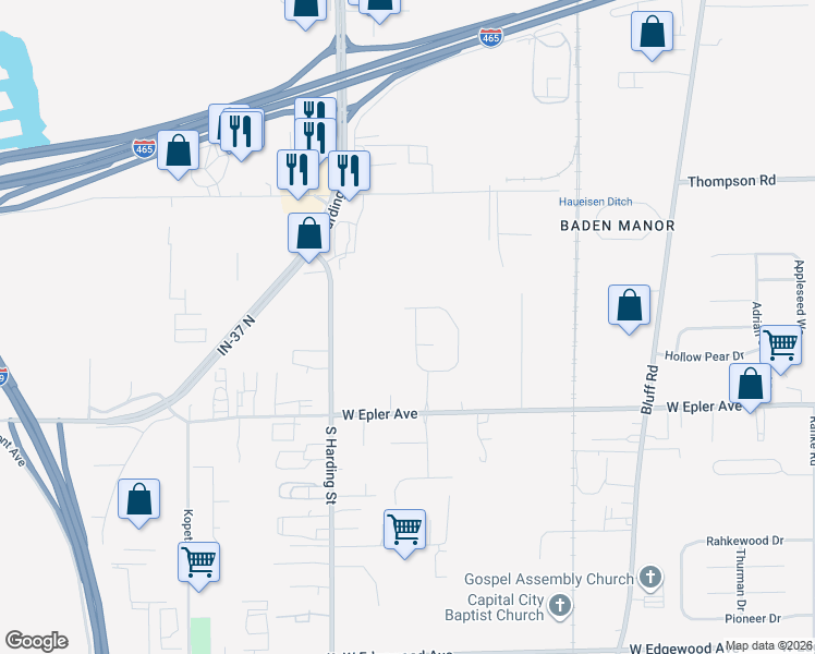 map of restaurants, bars, coffee shops, grocery stores, and more near 5250 Cliff Ridge Drive in Indianapolis