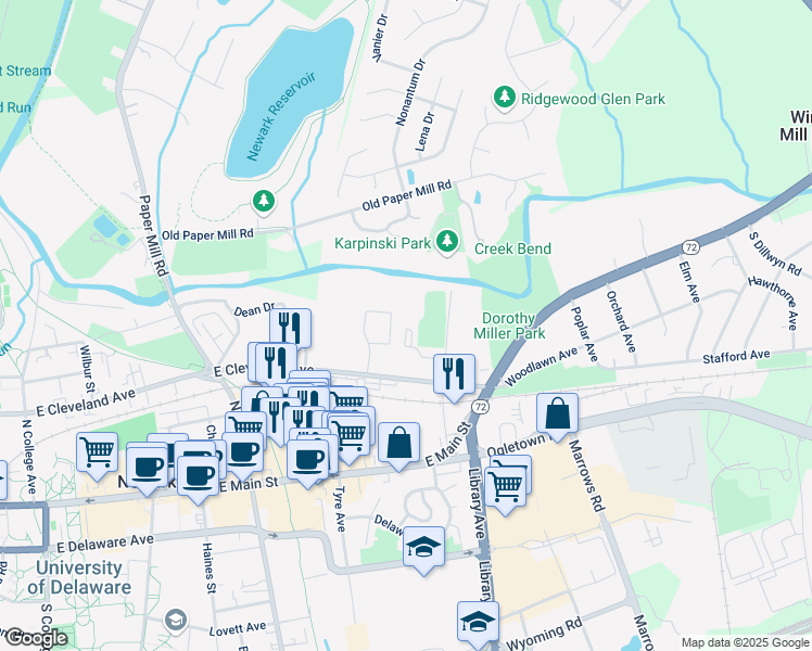 map of restaurants, bars, coffee shops, grocery stores, and more near Terrace Drive in Newark