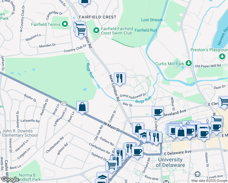 map of restaurants, bars, coffee shops, grocery stores, and more near 245 New London Road in Newark