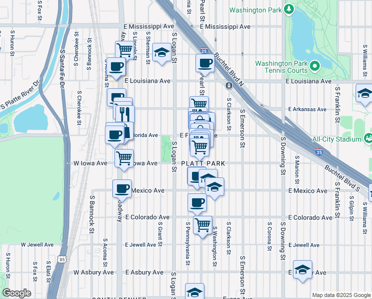 map of restaurants, bars, coffee shops, grocery stores, and more near 1545 South Pennsylvania Street in Denver