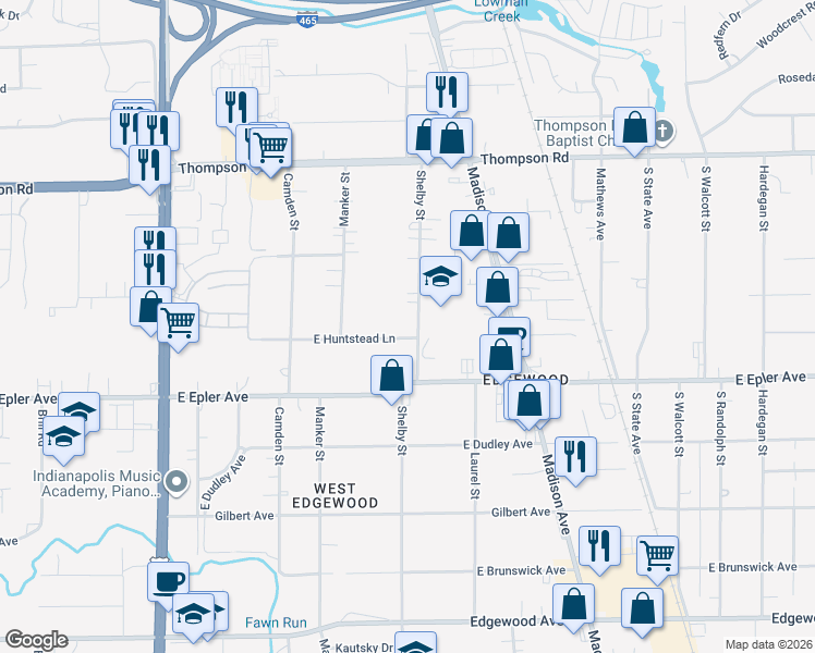 map of restaurants, bars, coffee shops, grocery stores, and more near 5306 Shelby Street in Indianapolis
