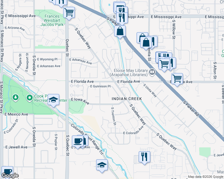 map of restaurants, bars, coffee shops, grocery stores, and more near 1560 South Trenton Court in Denver
