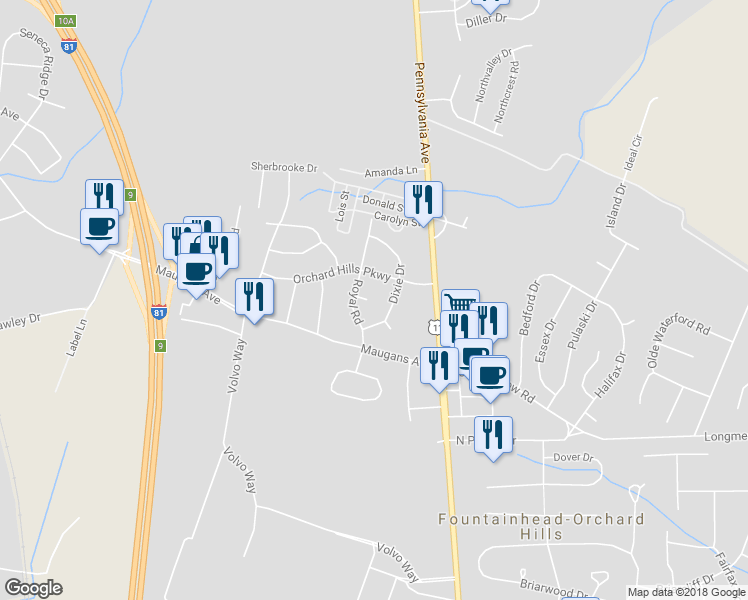 map of restaurants, bars, coffee shops, grocery stores, and more near 18610 Royal Circle in Hagerstown