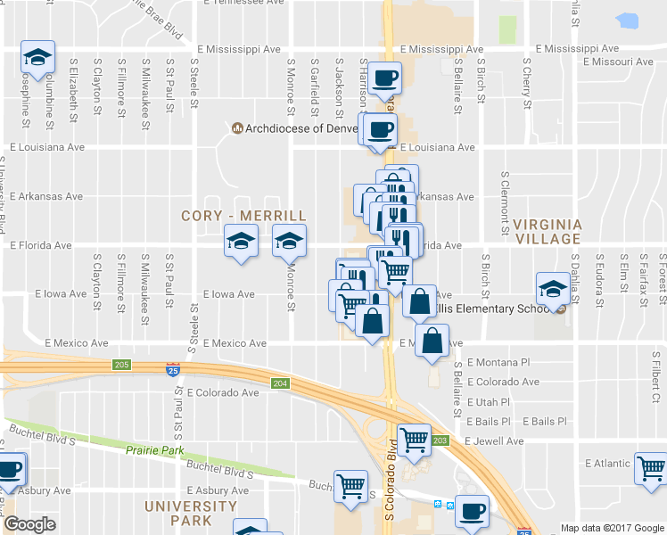 map of restaurants, bars, coffee shops, grocery stores, and more near 1539 South Jackson Street in Denver