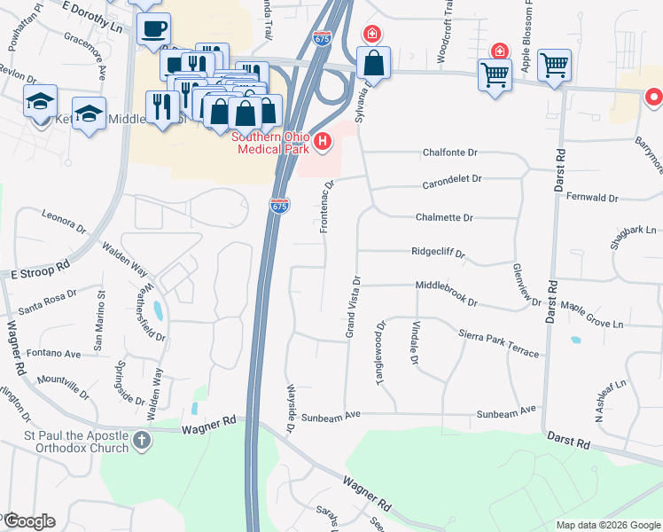 map of restaurants, bars, coffee shops, grocery stores, and more near 4375 Frontenac Drive in Dayton