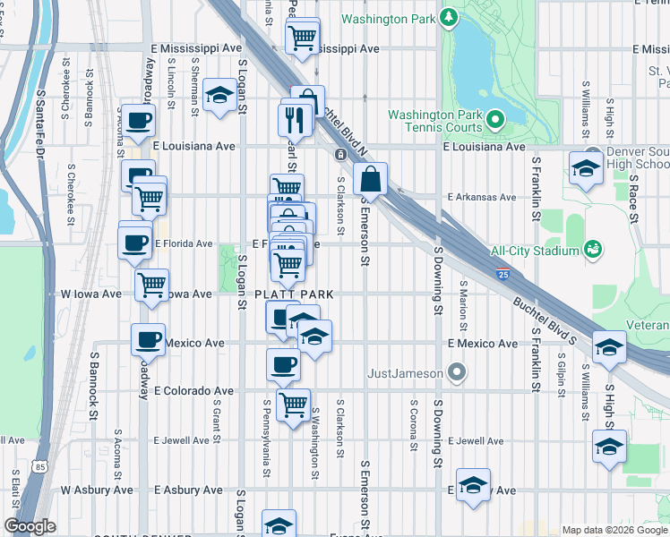 map of restaurants, bars, coffee shops, grocery stores, and more near 1548 South Washington Street in Denver