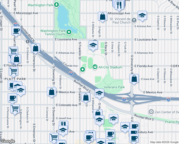 map of restaurants, bars, coffee shops, grocery stores, and more near in Aurora