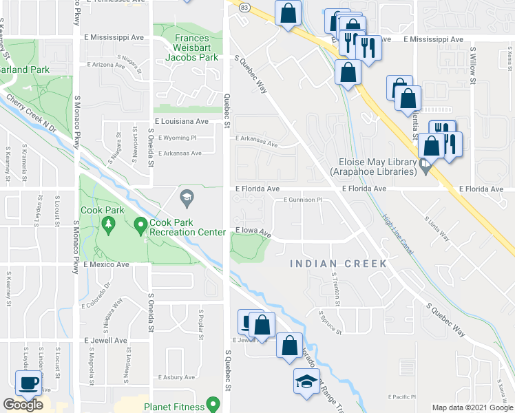 map of restaurants, bars, coffee shops, grocery stores, and more near 1561 South Roslyn Street in Denver