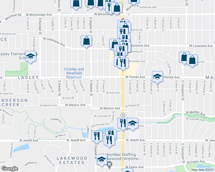 map of restaurants, bars, coffee shops, grocery stores, and more near 1553 South Benton Street in Lakewood