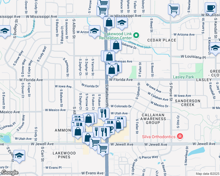 map of restaurants, bars, coffee shops, grocery stores, and more near 1540 South Wadsworth Boulevard in Lakewood