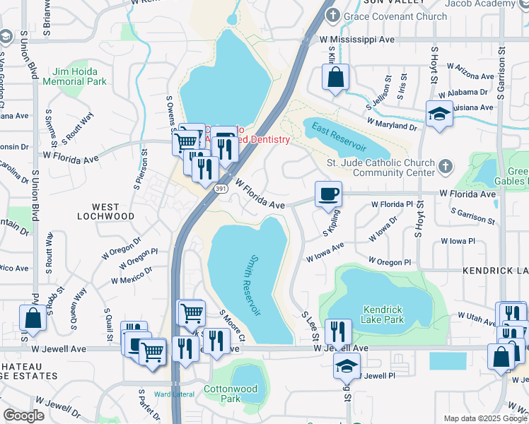 map of restaurants, bars, coffee shops, grocery stores, and more near 10372 West Florida Avenue in Lakewood
