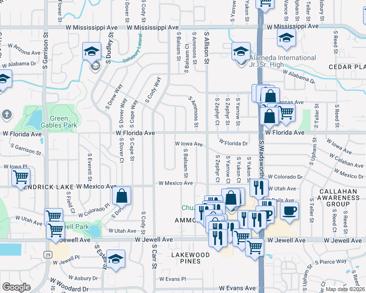 map of restaurants, bars, coffee shops, grocery stores, and more near 1605 South Balsam Street in Lakewood