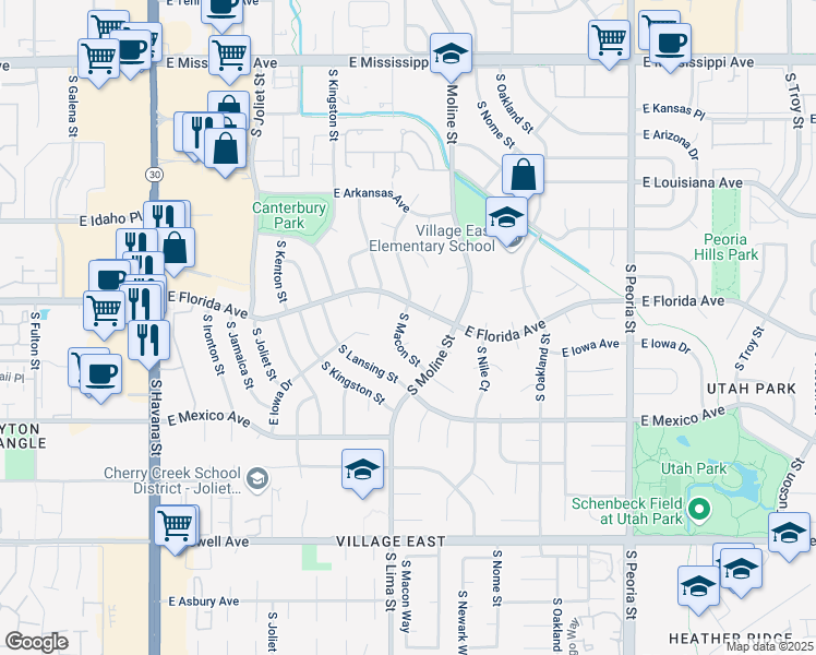 map of restaurants, bars, coffee shops, grocery stores, and more near 1520 South Macon Street in Aurora