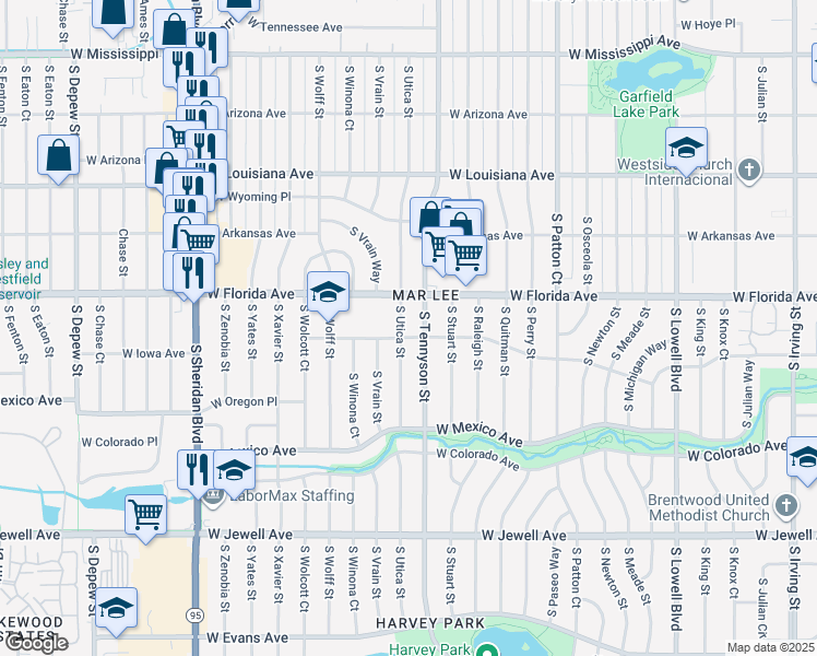 map of restaurants, bars, coffee shops, grocery stores, and more near 1580 South Utica Street in Denver
