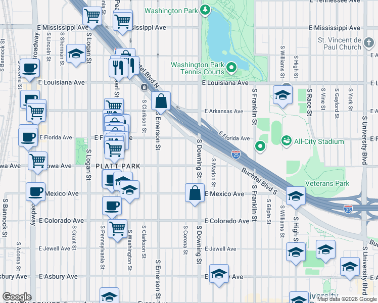 map of restaurants, bars, coffee shops, grocery stores, and more near 1540 South Corona Street in Denver