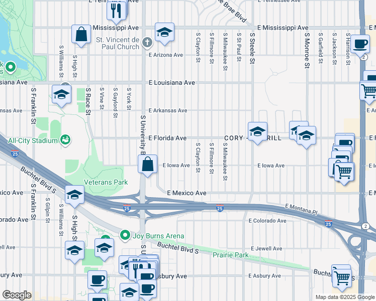 map of restaurants, bars, coffee shops, grocery stores, and more near 1544 South Elizabeth Street in Denver