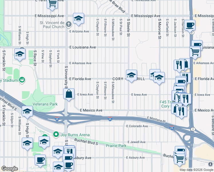 map of restaurants, bars, coffee shops, grocery stores, and more near 1544 South Fillmore Street in Denver