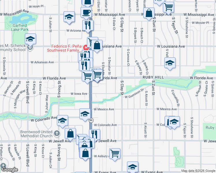map of restaurants, bars, coffee shops, grocery stores, and more near 1550 South Decatur Street in Denver