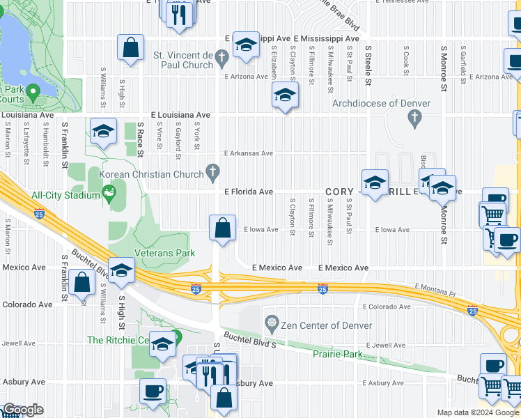 map of restaurants, bars, coffee shops, grocery stores, and more near 1540 South Columbine Street in Denver