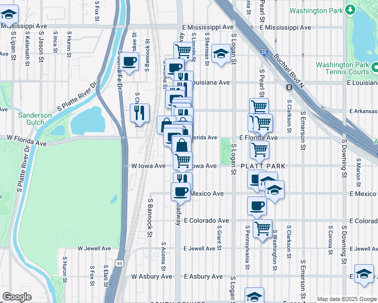 map of restaurants, bars, coffee shops, grocery stores, and more near 1545 S Lincoln St in Denver