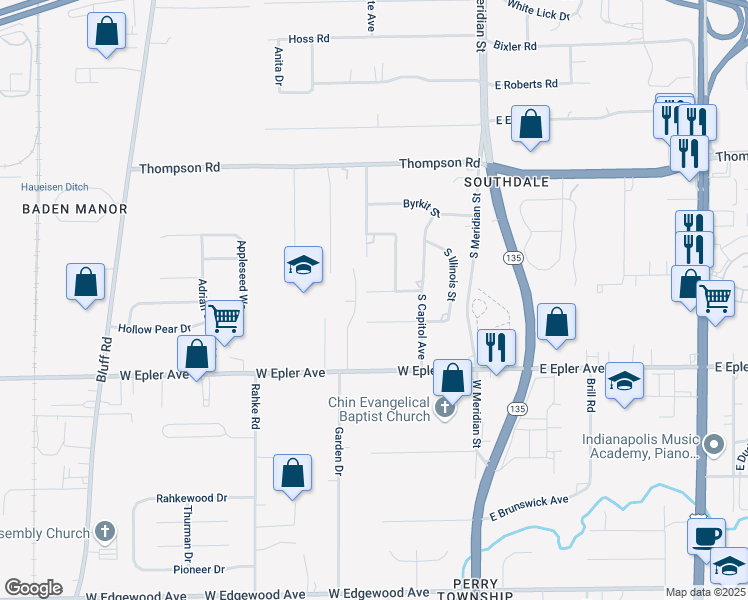 map of restaurants, bars, coffee shops, grocery stores, and more near 233 W Midland Rd in Indianapolis