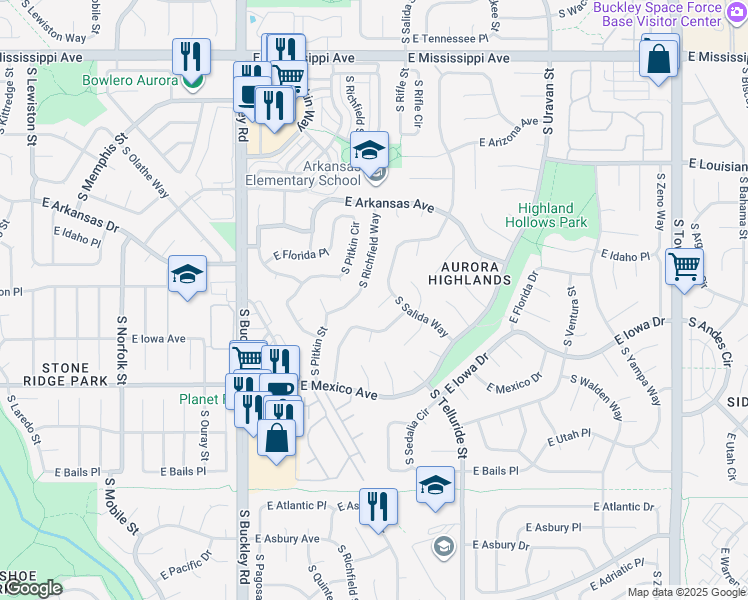 map of restaurants, bars, coffee shops, grocery stores, and more near 17431 East Gunnison Place in Aurora