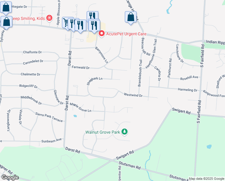 map of restaurants, bars, coffee shops, grocery stores, and more near 3831 Westwind Drive in Dayton