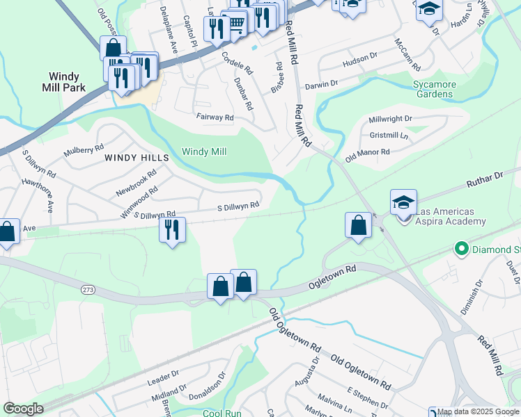 map of restaurants, bars, coffee shops, grocery stores, and more near 271 South Dillwyn Road in Newark