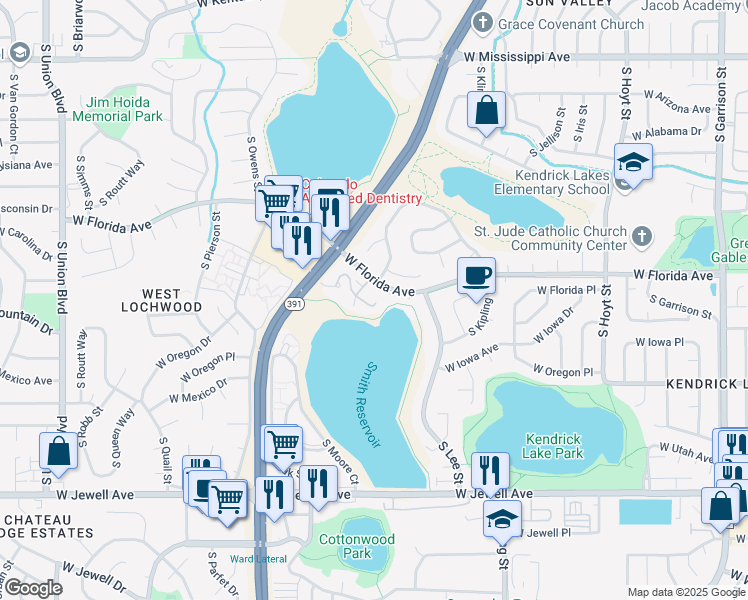 map of restaurants, bars, coffee shops, grocery stores, and more near 10372 West Florida Avenue in Lakewood
